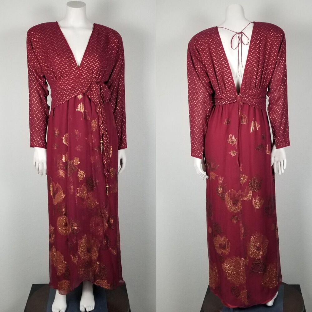 Carol Peretz Vintage 80s Silk Blend Dark Red & Gold Rare Evening Gown Size 12